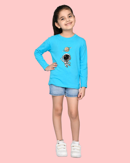 Nusyl Girls Sky Blue Astronaut Printed Full Sleeve T-shirt