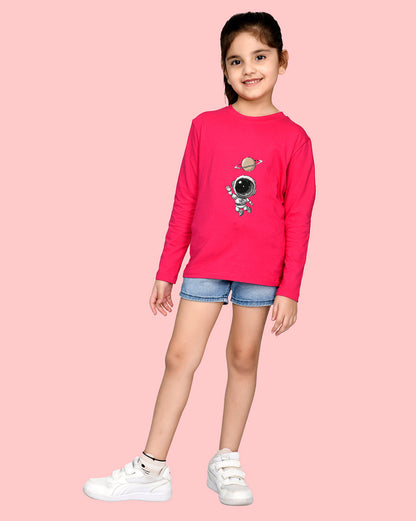 Nusyl Girls Hot Pink Astronaut Printed Full Sleeve T-shirt