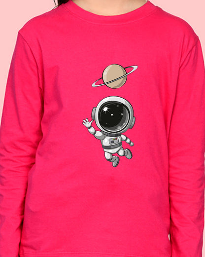 Nusyl Girls Hot Pink Astronaut Printed Full Sleeve T-shirt