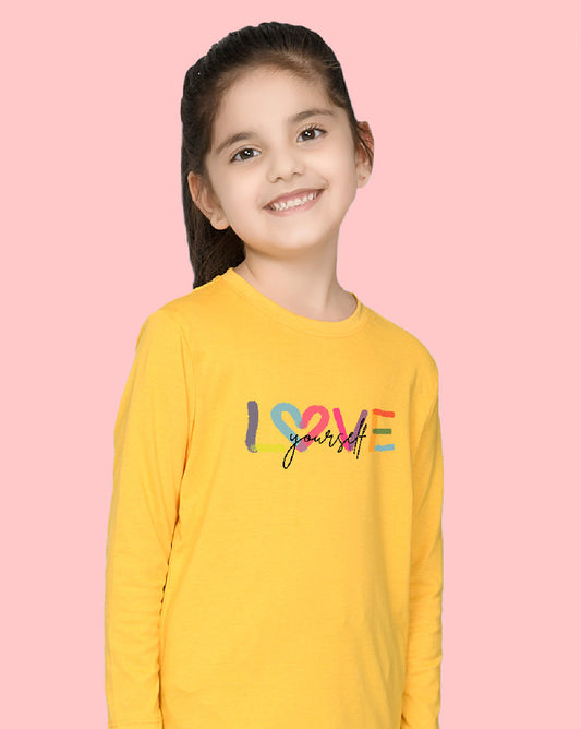 Nusyl Girls Yellow Love Printed Full Sleeve T-shirt