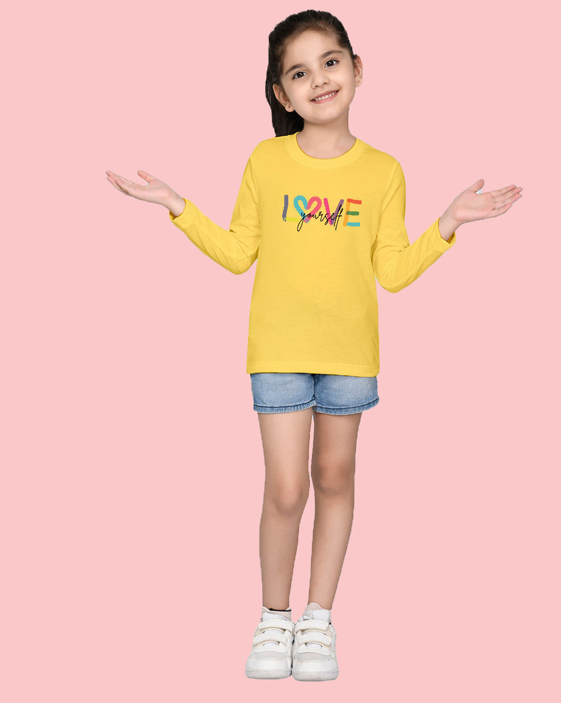 Nusyl Girls Yellow Love Printed Full Sleeve T-shirt