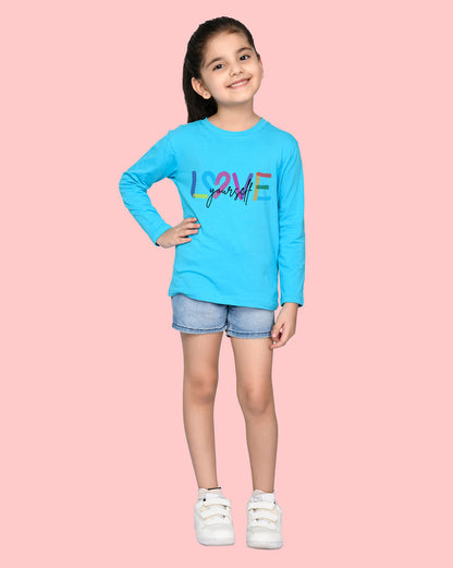 Nusyl Girls Sky Blue Love Printed Full Sleeve T-shirt