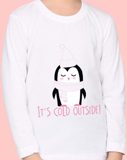 Nusyl Girls White Penguin Printed Full Sleeve T-shirt