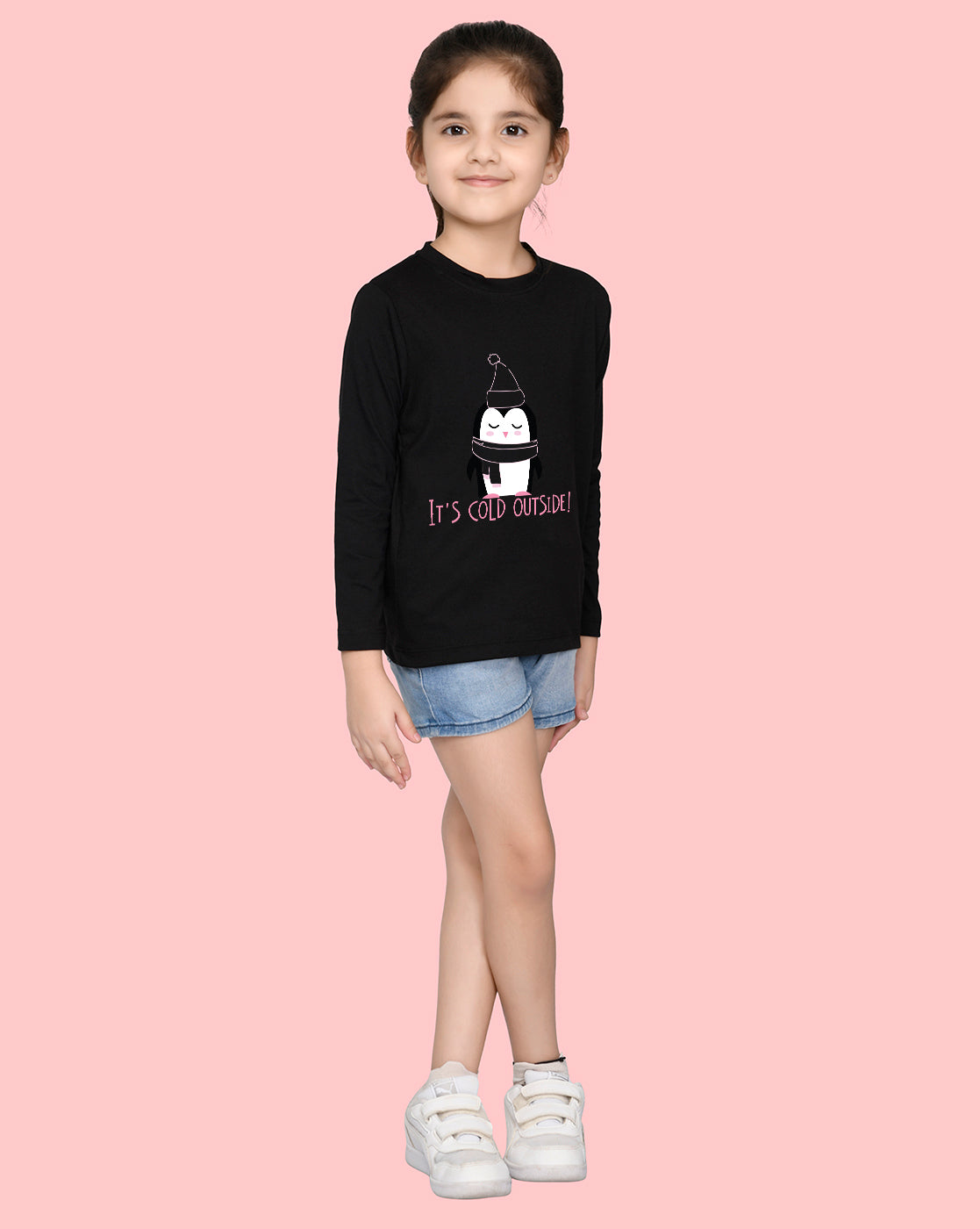 Nusyl Girls Black Penguin Printed Full Sleeve T-shirt