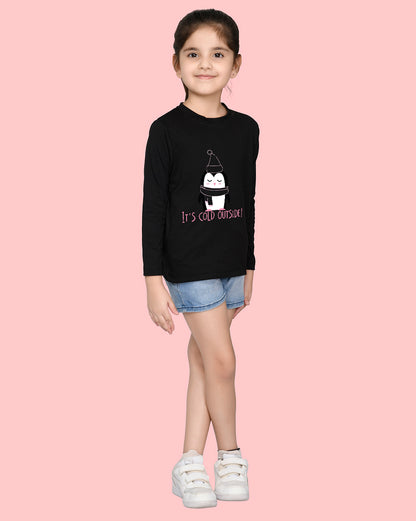 Nusyl Girls Black Penguin Printed Full Sleeve T-shirt