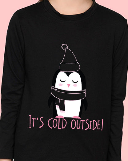 Nusyl Girls Black Penguin Printed Full Sleeve T-shirt