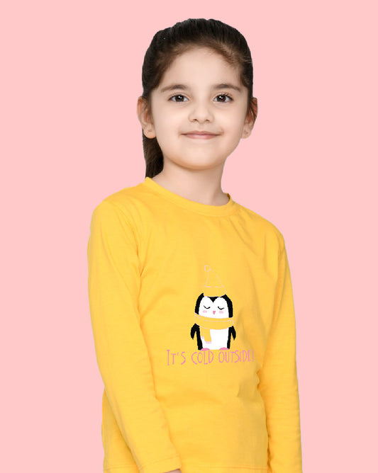 Nusyl Girls Yellow Penguin Printed Full Sleeve T-shirt