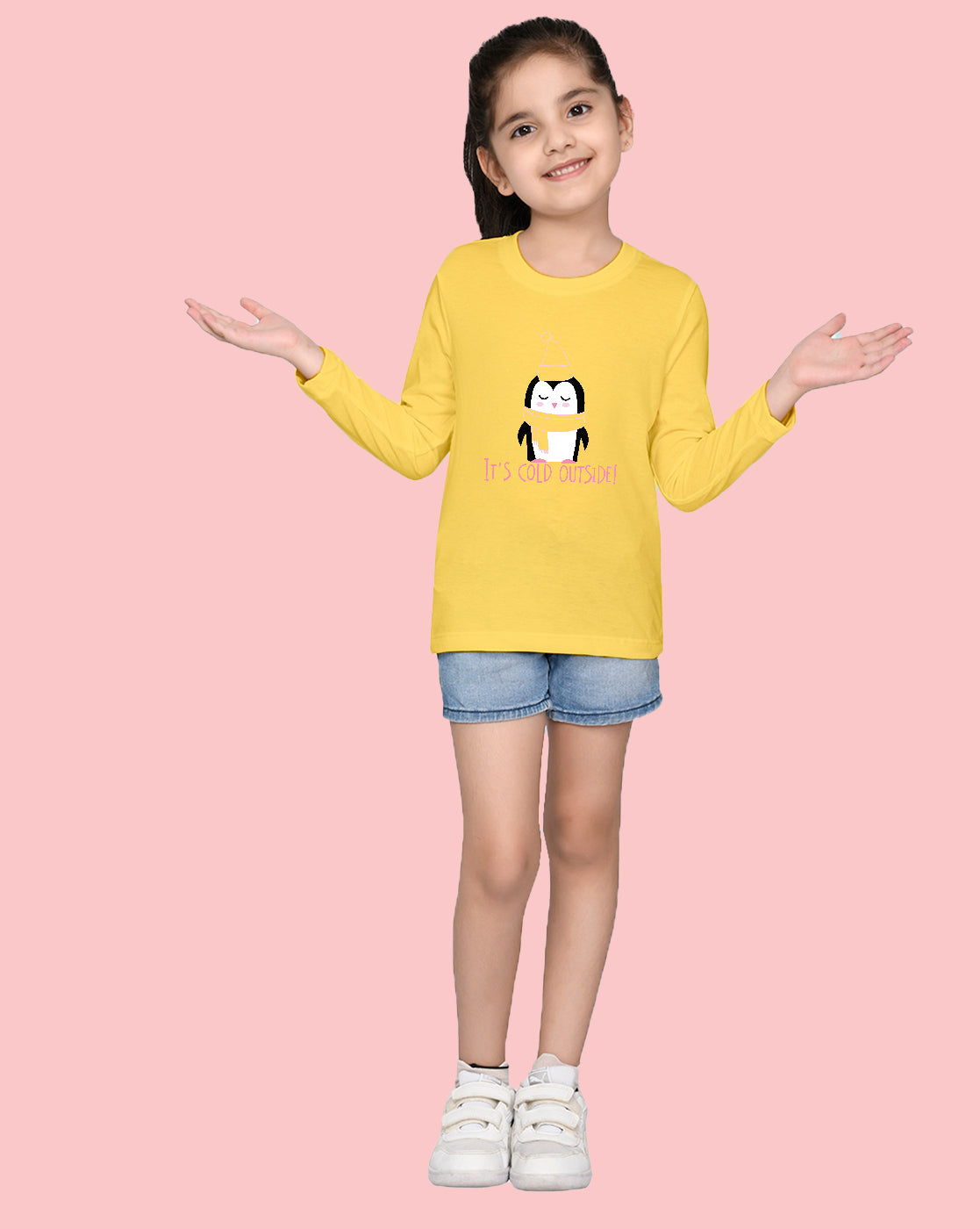 Nusyl Girls Yellow Penguin Printed Full Sleeve T-shirt