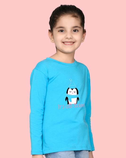 Nusyl Girls Sky Blue Penguin Printed Full Sleeve T-shirt