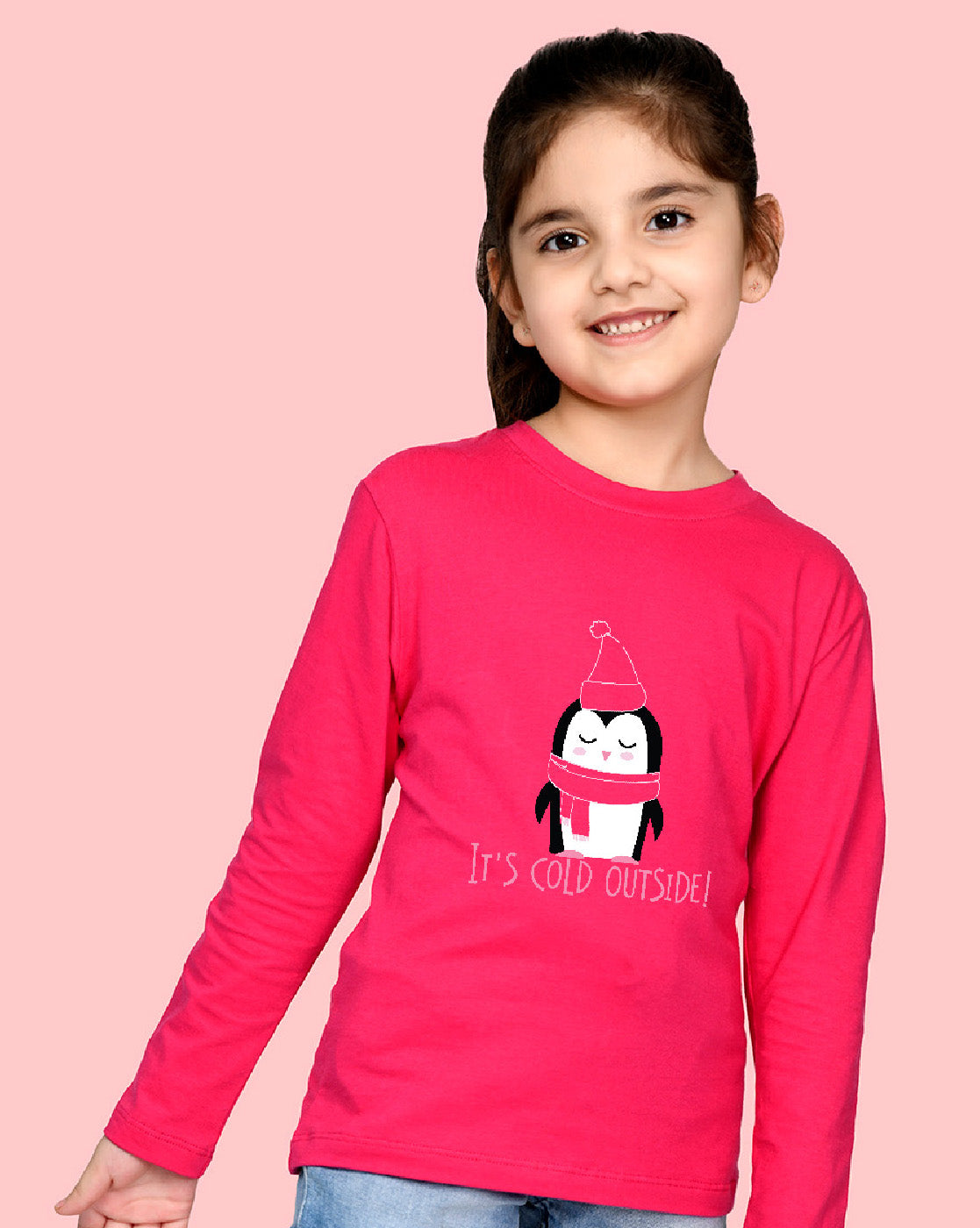 Nusyl Girls Hot Pink Penguin Printed Full Sleeve T-shirt
