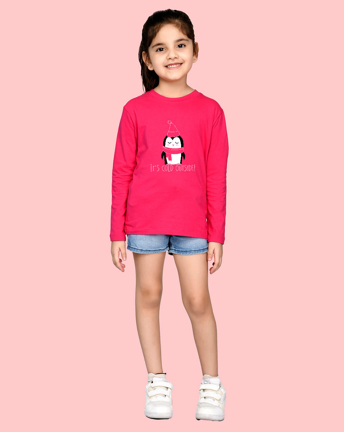 Nusyl Girls Hot Pink Penguin Printed Full Sleeve T-shirt