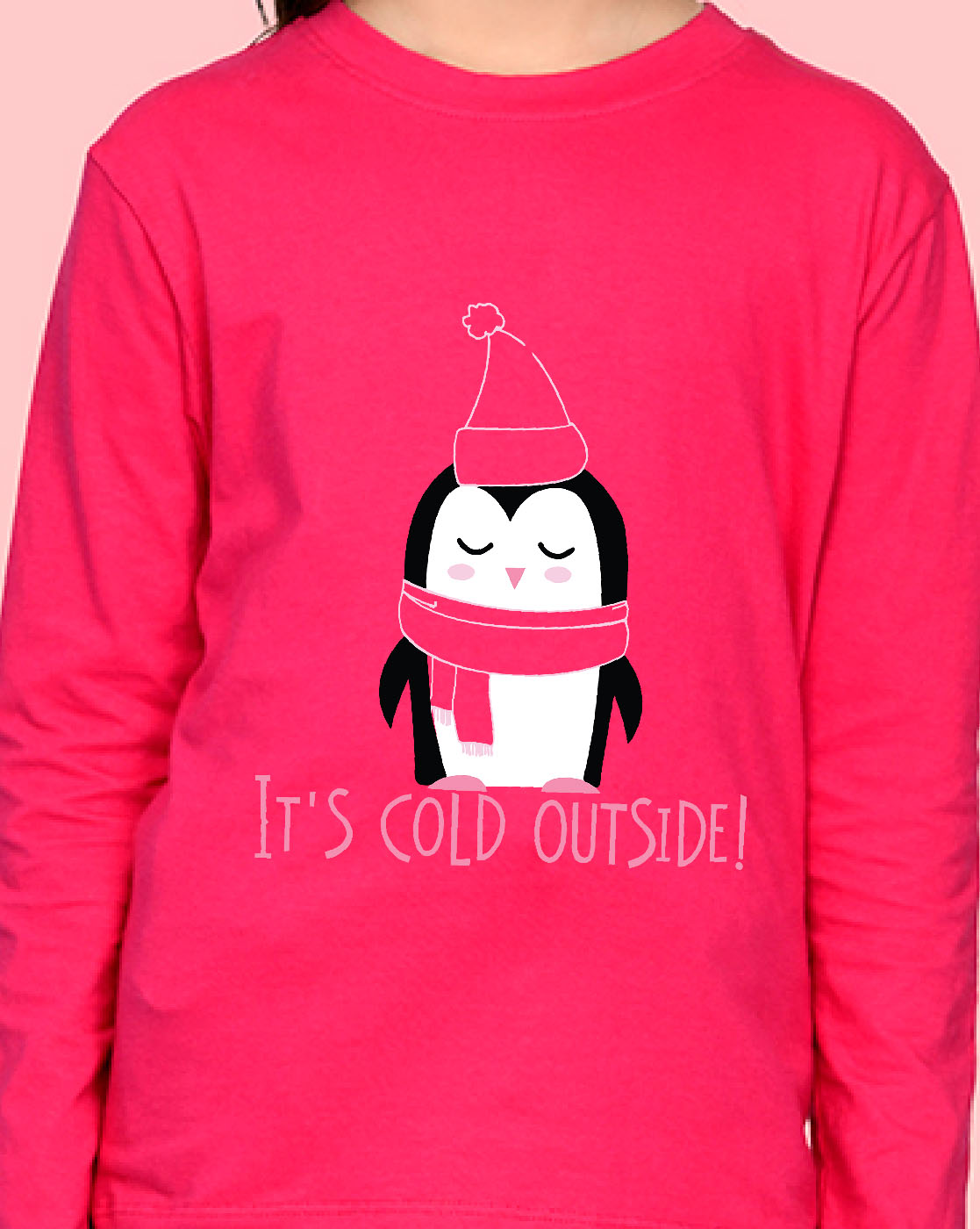 Nusyl Girls Hot Pink Penguin Printed Full Sleeve T-shirt