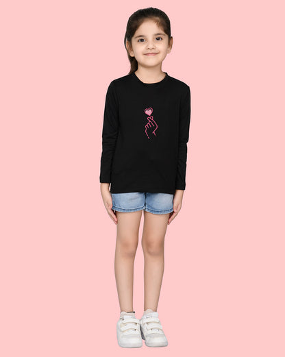 Nusyl Girls Black Heart Printed Full Sleeve T-shirt