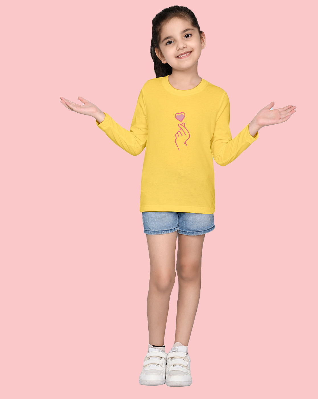 Nusyl Girls Yellow Heart Printed Full Sleeve T-shirt