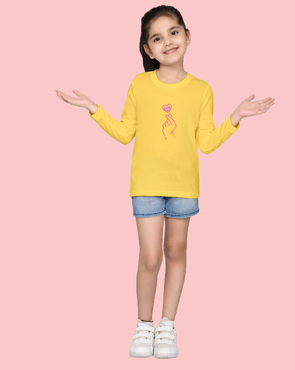 Nusyl Girls Yellow Heart Printed Full Sleeve T-shirt