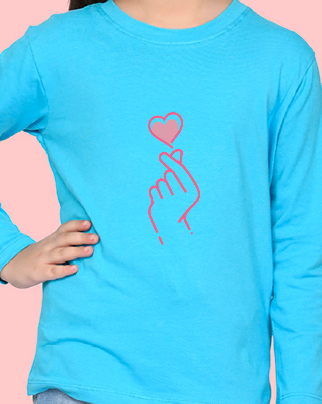 Nusyl Girls Sky Blue Heart Printed Full Sleeve T-shirt