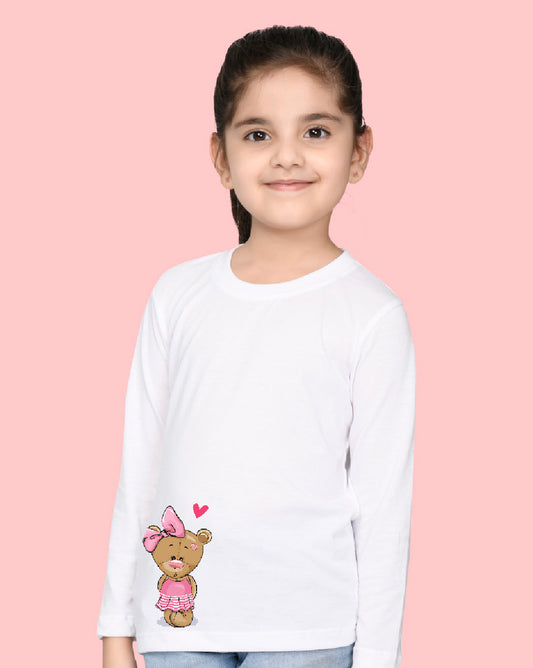 Nusyl Girls White Teddy Bear printed Full Sleeve T-shirt