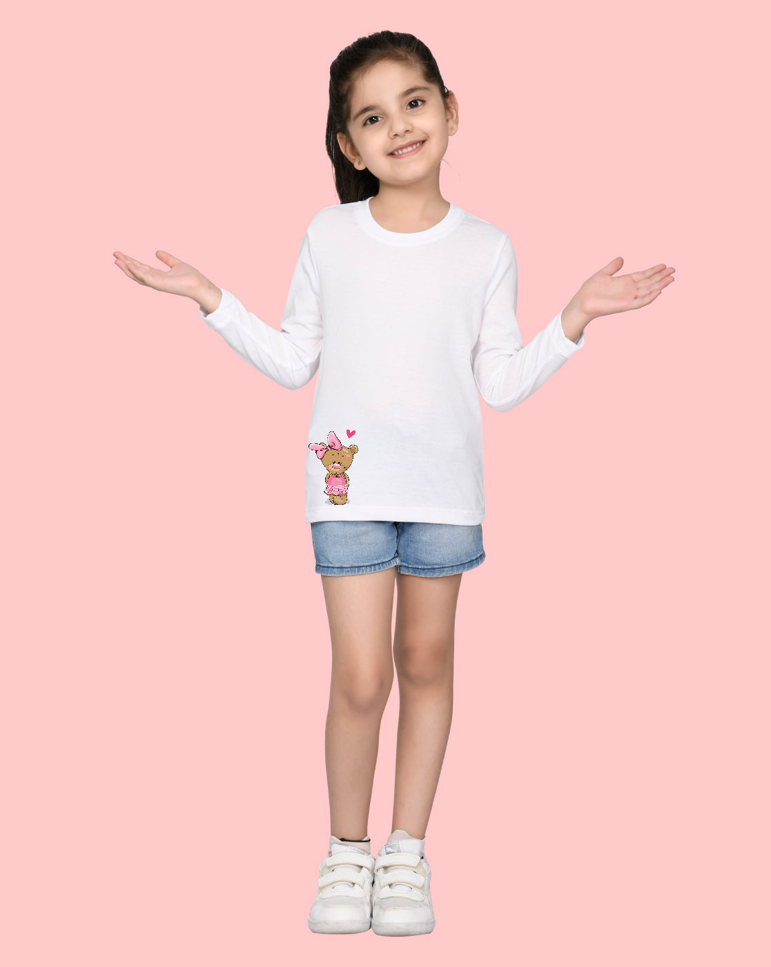 Nusyl Girls White Teddy Bear printed Full Sleeve T-shirt
