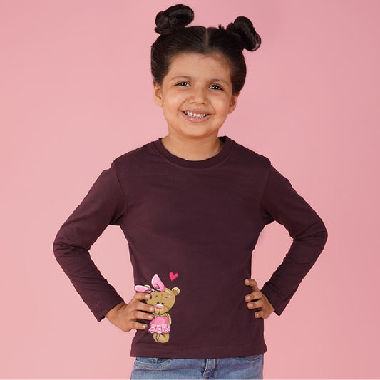 Nusyl Girls maroon Teddy Bear Printed T-Shirt