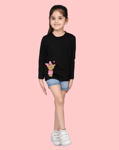 Nusyl Girls Black Teddy Bear printed Full Sleeve T-shirt