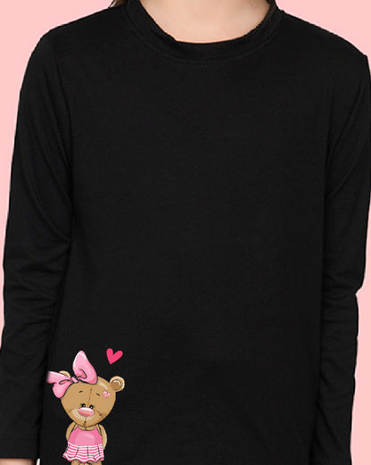 Nusyl Girls Black Teddy Bear printed Full Sleeve T-shirt