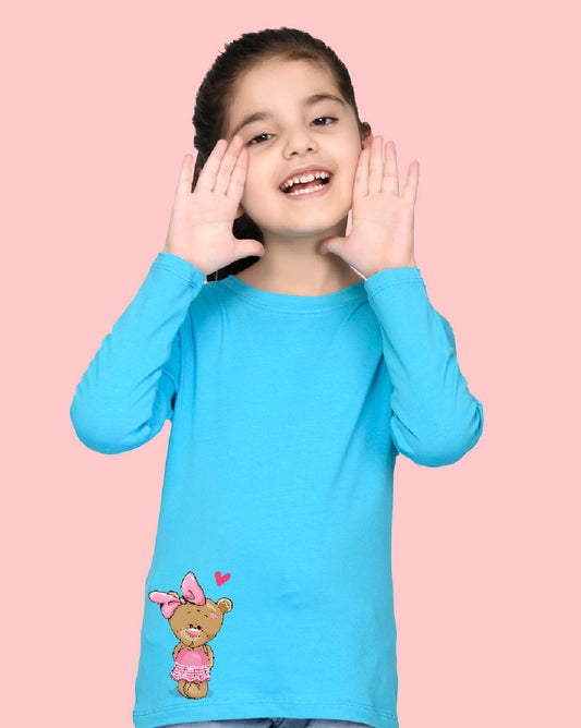 Nusyl Girls Sky Blue Teddy Bear printed Full Sleeve T-shirt