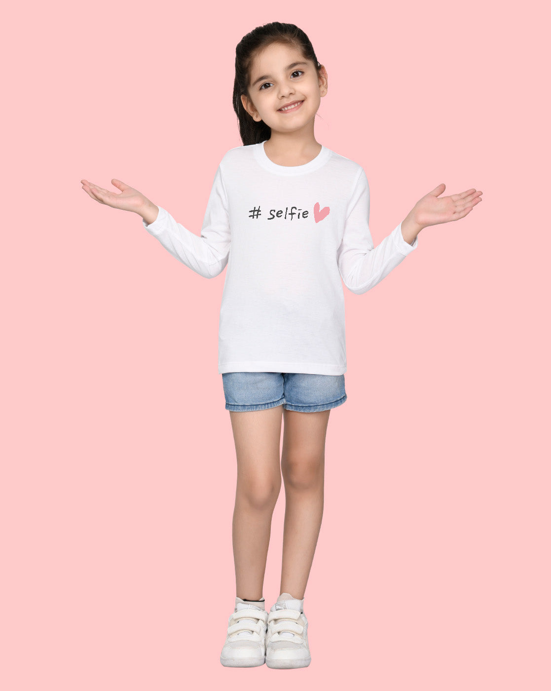 Nusyl Girls White Selfie Printed Full Sleeve T-shirt