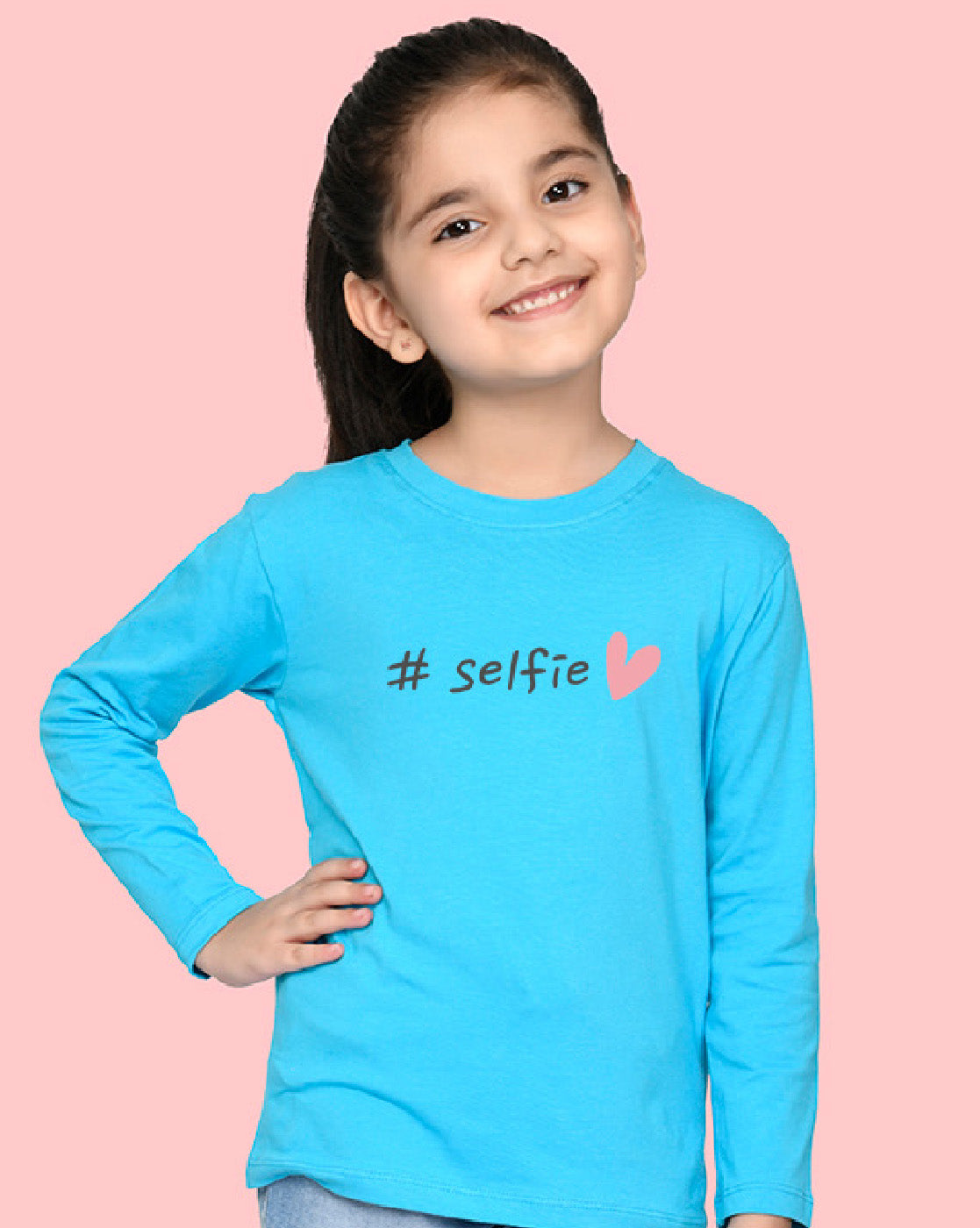 Nusyl Girls Sky Blue Selfie Printed Full Sleeve T-shirt