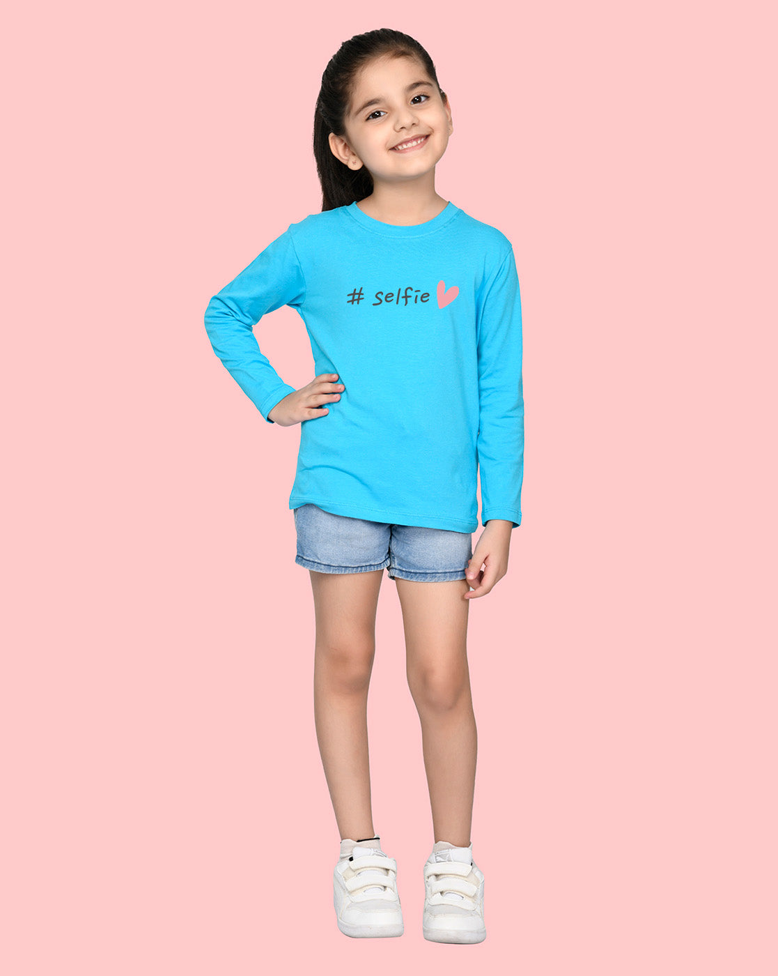 Nusyl Girls Sky Blue Selfie Printed Full Sleeve T-shirt