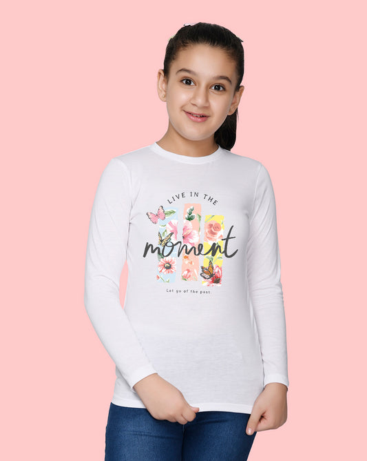 Nusyl Girls White Flower Pinted Full Sleeve T-shirt