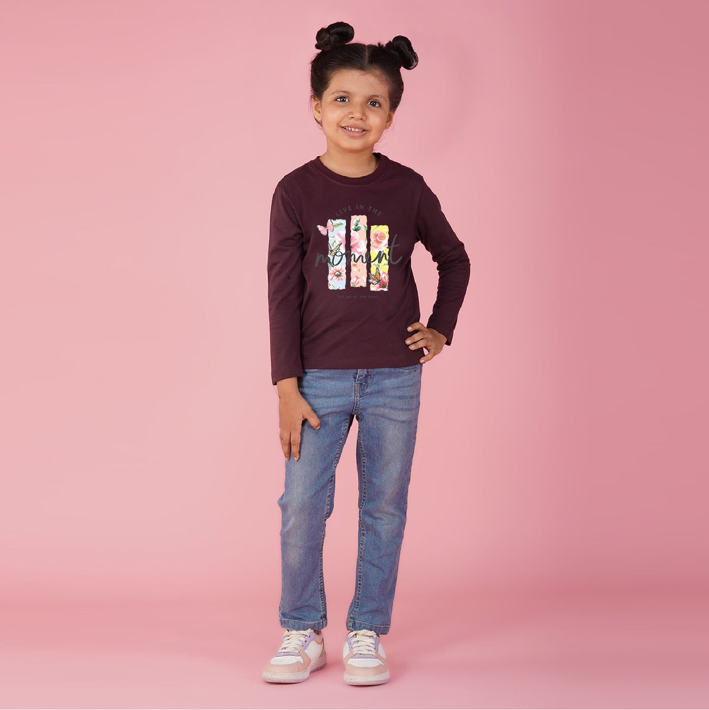 Nusyl Girls maroon Flower & Text  Printed T-Shirt