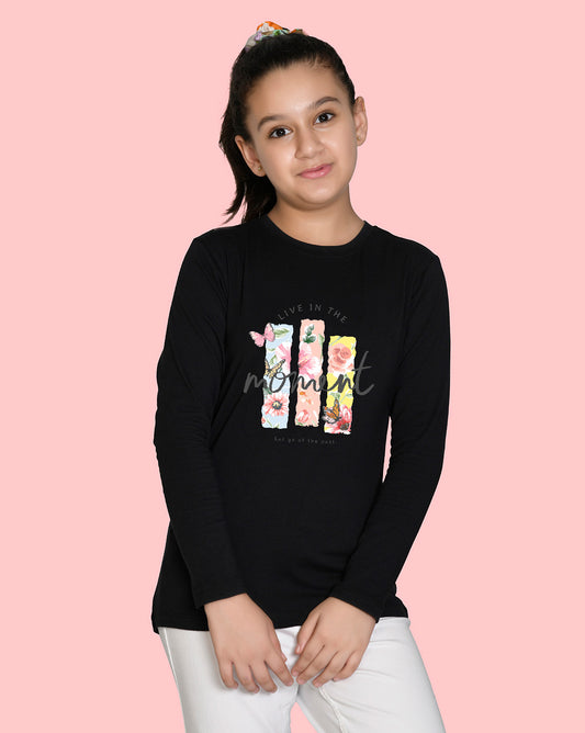 Nusyl Girls Black Flower Pinted Full Sleeve T-shirt