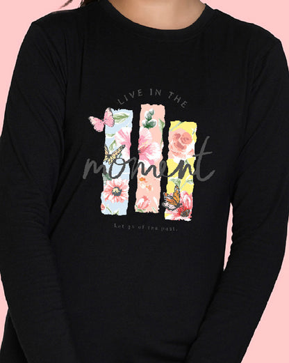 Nusyl Girls Black Flower Pinted Full Sleeve T-shirt