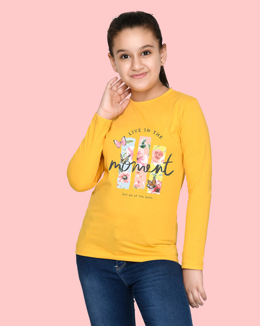 Nusyl Girls Yellow Flower Pinted Full Sleeve T-shirt