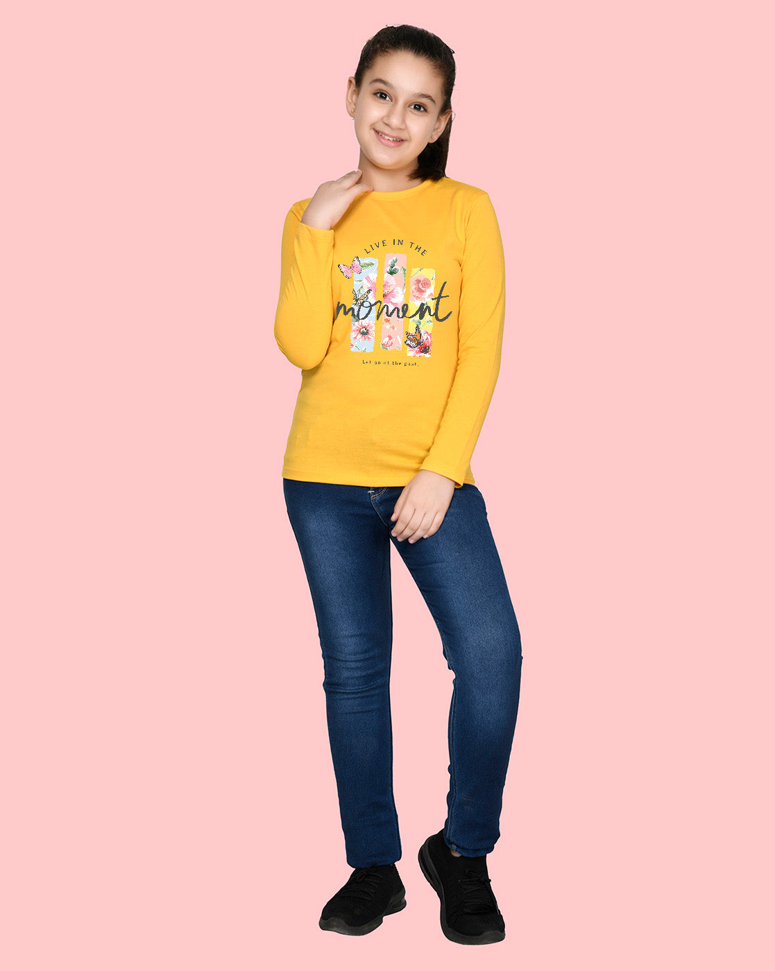 Nusyl Girls Yellow Flower Pinted Full Sleeve T-shirt