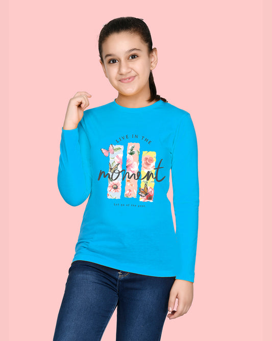 Nusyl Girls Sky Blue Flower Pinted Full Sleeve T-shirt