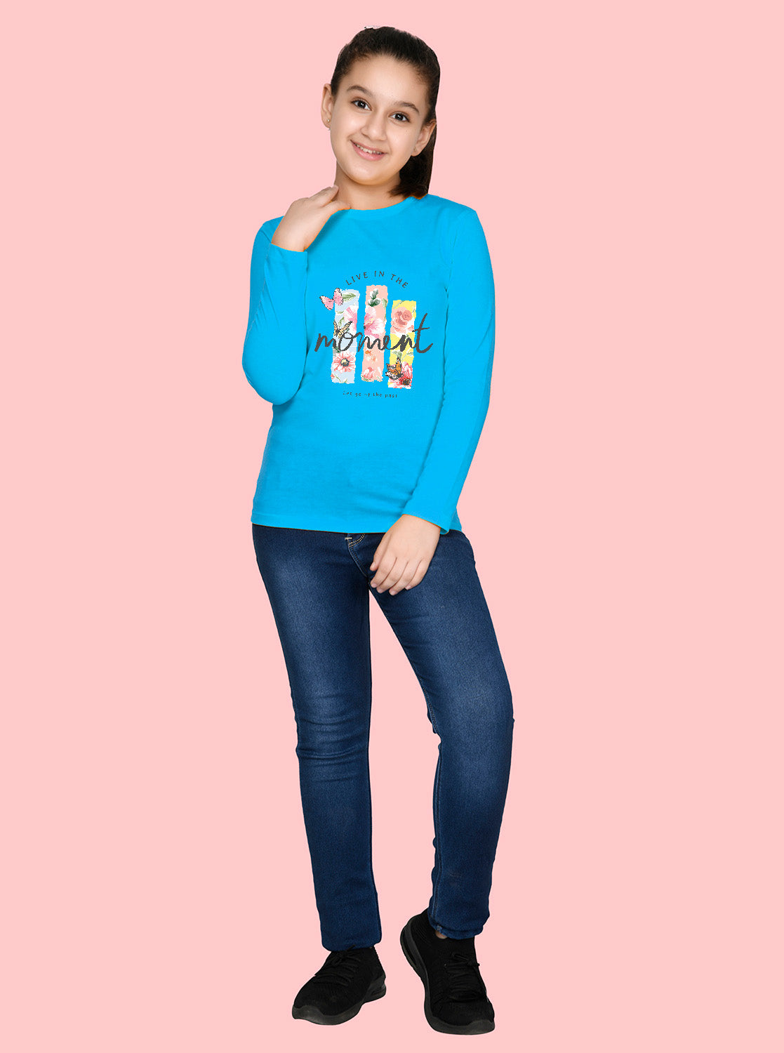 Nusyl Girls Sky Blue Flower Pinted Full Sleeve T-shirt
