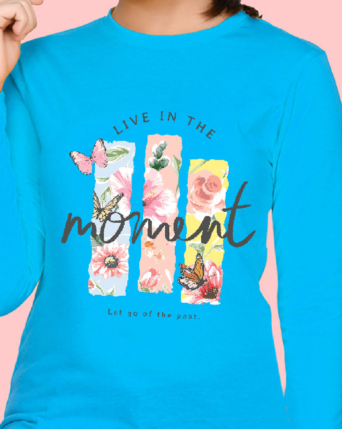 Nusyl Girls Sky Blue Flower Pinted Full Sleeve T-shirt