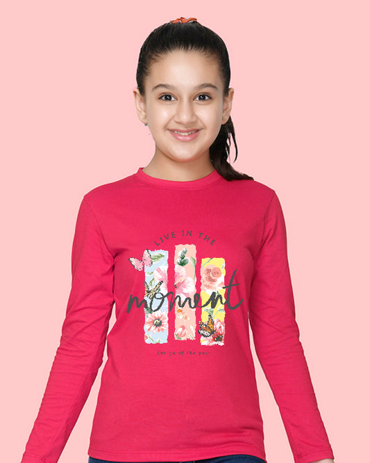 Nusyl Girls Hot Pink Flower Pinted Full Sleeve T-shirt