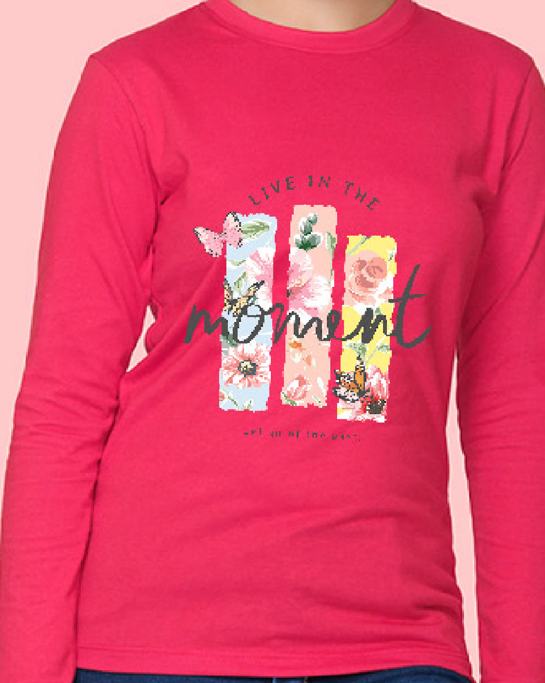 Nusyl Girls Hot Pink Flower Pinted Full Sleeve T-shirt