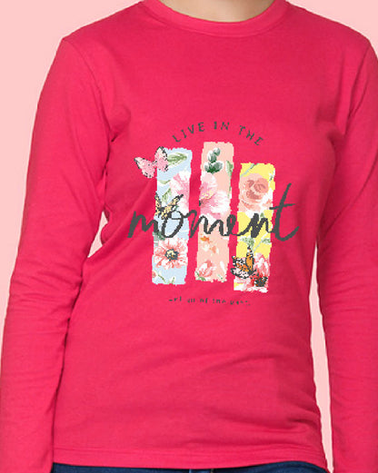 Nusyl Girls Hot Pink Flower Pinted Full Sleeve T-shirt