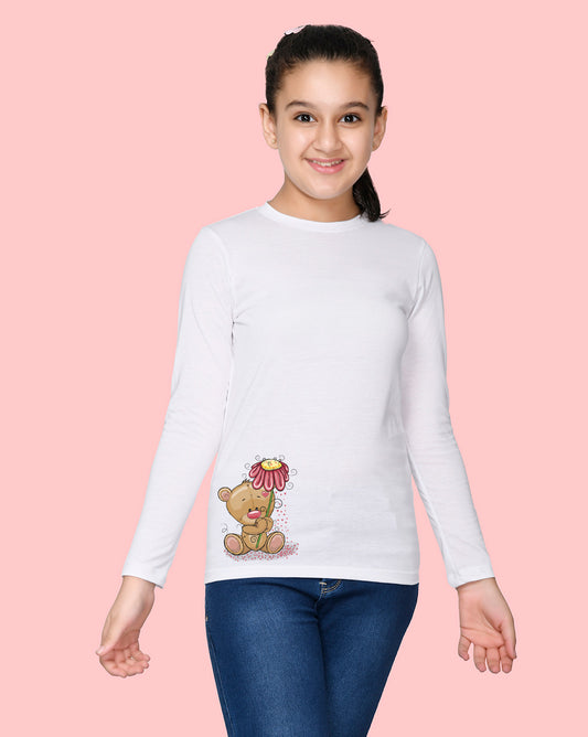 Nusyl Girls White Teddy Bear Printed Full Sleeve T-shirt