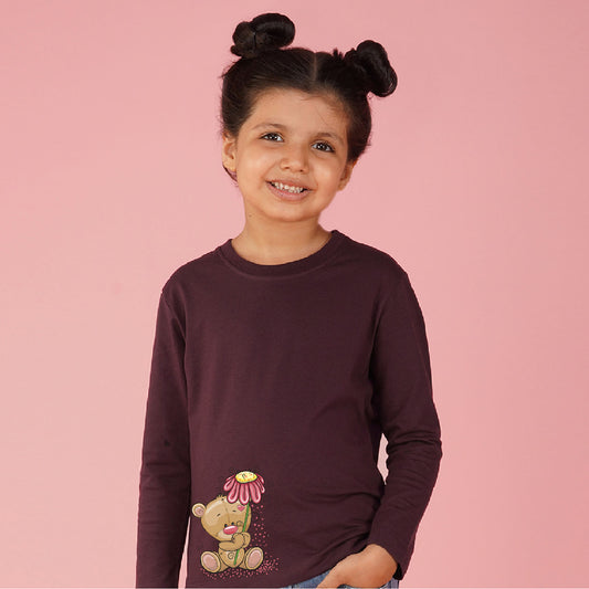 Nusyl Girls maroon Teddy Bear Printed T-Shirt