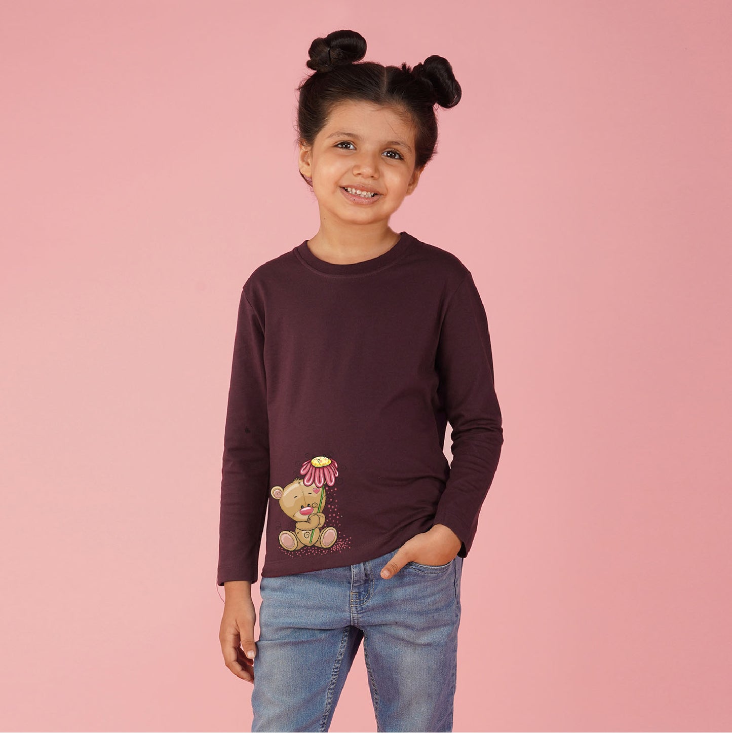 Nusyl Girls maroon Teddy Bear Printed T-Shirt