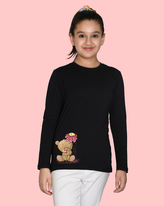 Nusyl Girls Black Teddy Bear Printed Full Sleeve T-shirt