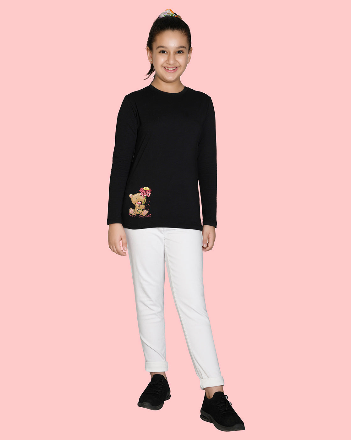 Nusyl Girls Black Teddy Bear Printed Full Sleeve T-shirt