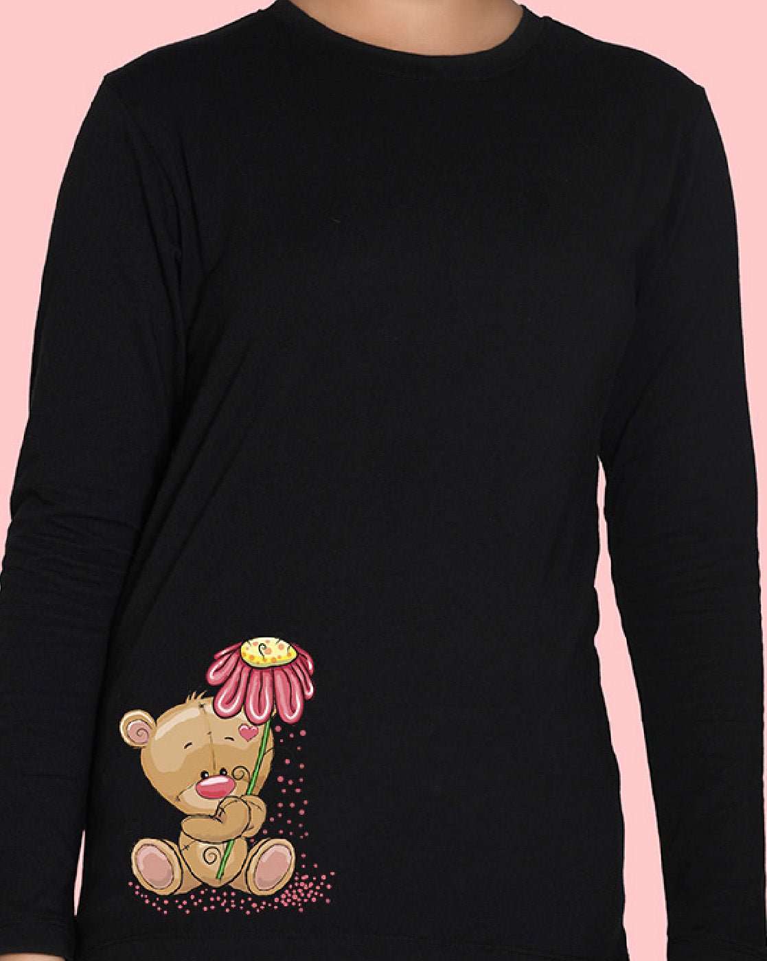 Nusyl Girls Black Teddy Bear Printed Full Sleeve T-shirt