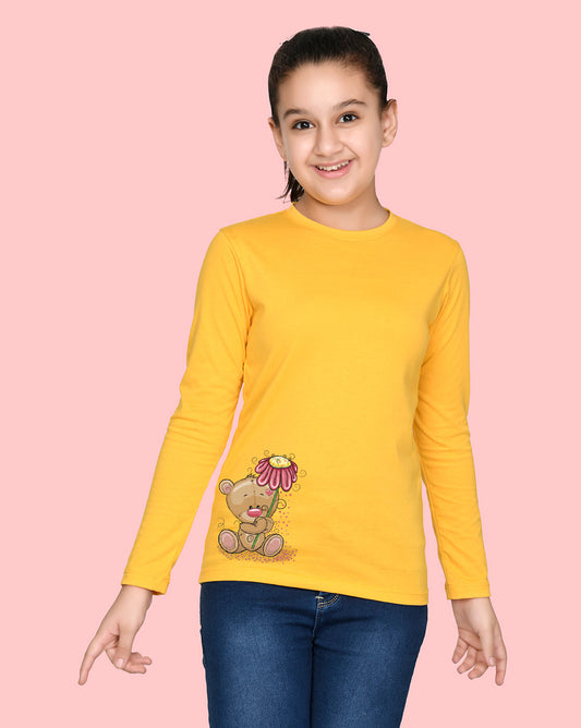 Nusyl Girls Yellow Teddy Bear Printed Full Sleeve T-shirt