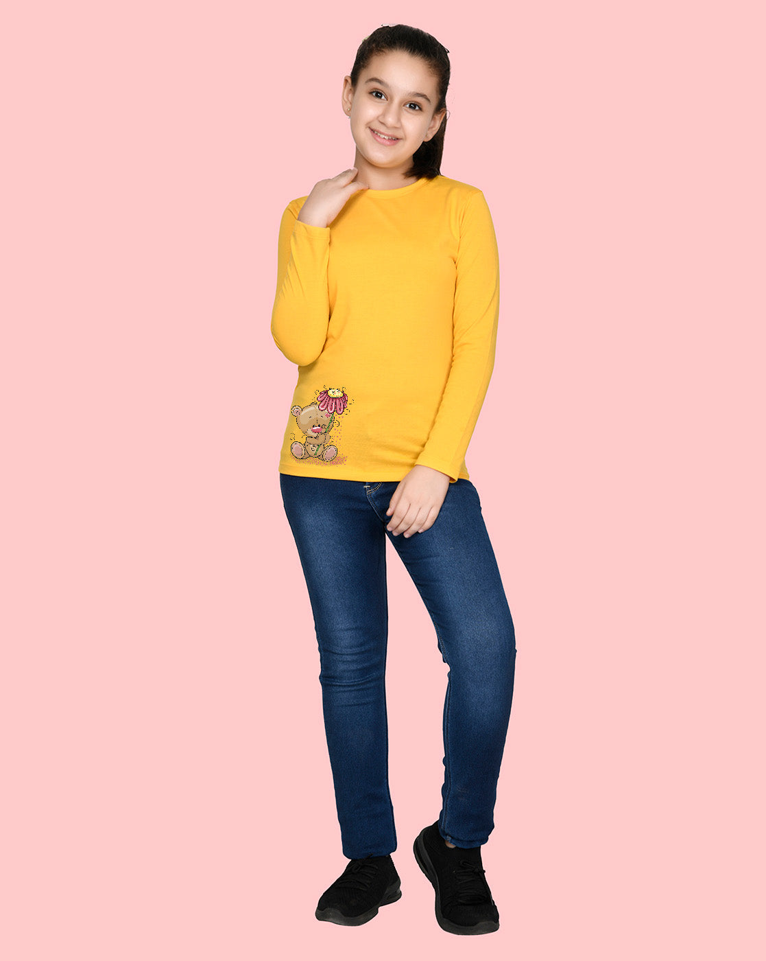 Nusyl Girls Yellow Teddy Bear Printed Full Sleeve T-shirt