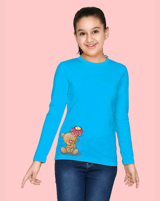 Nusyl Girls Sky Blue Teddy Bear Printed Full Sleeve T-shirt